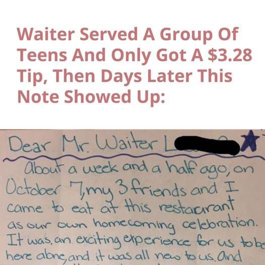 After Receiving A $3.28 Tip From A Group Of Teens, Their Server Received A Note