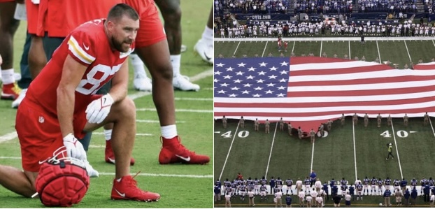 Breaking: Controversy Surrounds Travis Kelce’s Super Bowl National Anthem Kneeling, Faces Resounding Disapproval